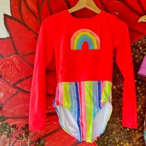 Cat & Jack Red Long-Sleeve Kids Swim Rashguard with Multicolor Striped Bottom